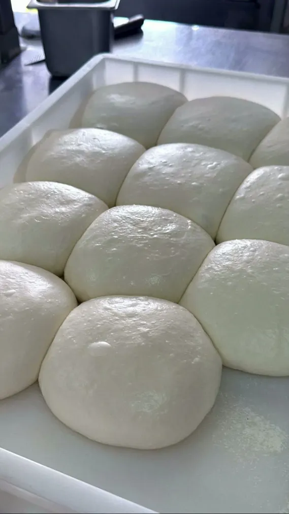 Balls of pizza dough resting in a tray